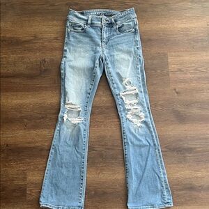 American Eagle Outfitters Women's Distressed Kick Boot Jeans - Light Blue